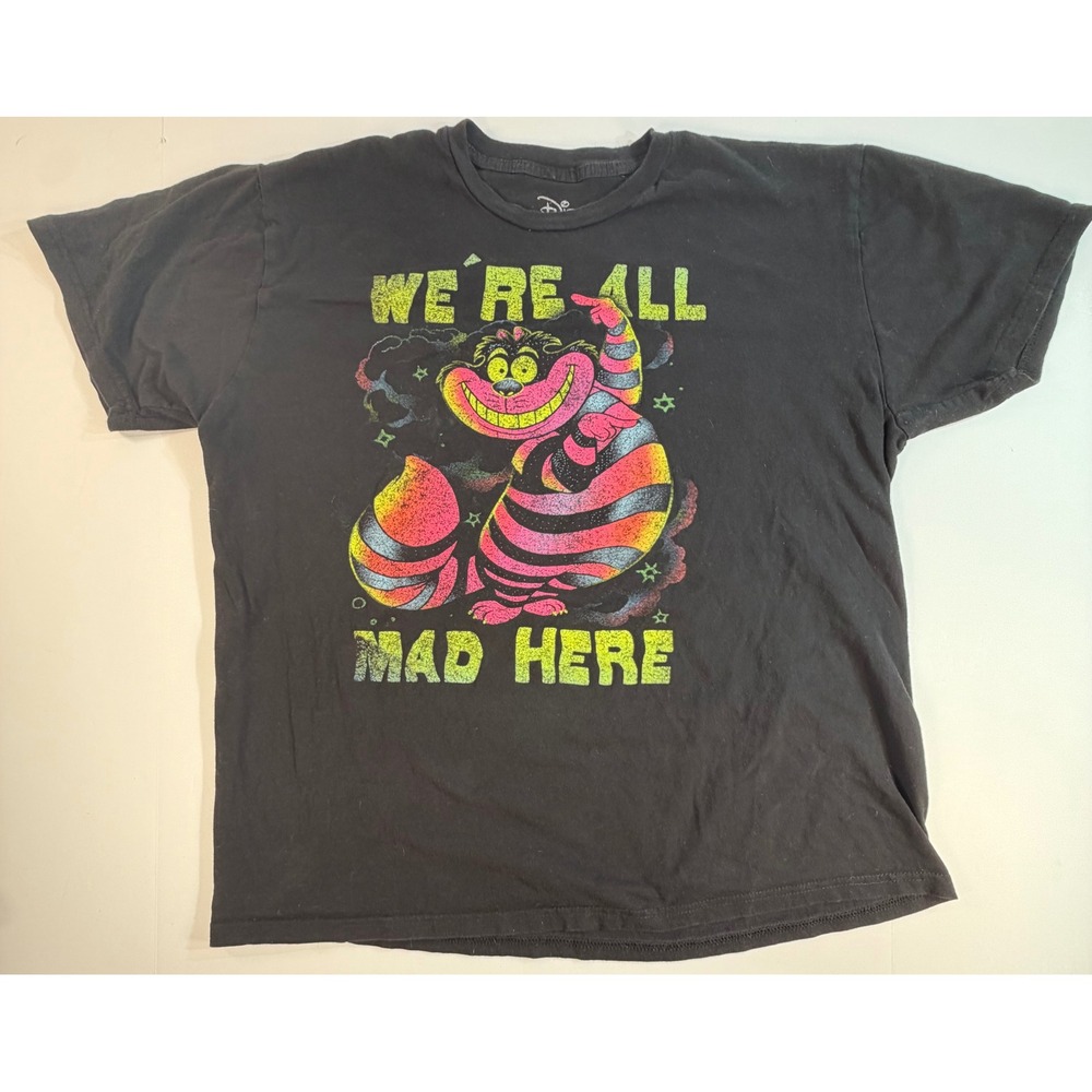 Disney Cheshire Cat We're All Mad Here Black Graphic T-Shirt Mens XL Alice